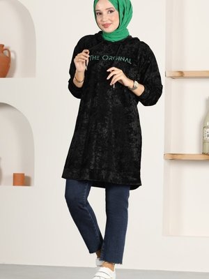 Siyah & Mint Baskı Detaylı Kadife Tunik Siyah & Mint Baskı Detaylı Kadife Tunik