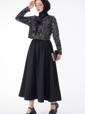 Düz Yaka Gümüş Payetli Ceket + Etek İkili Takım