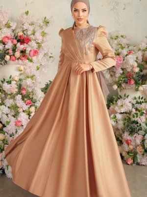 Latte Taş İşlemeli Saten Abiye Elbise