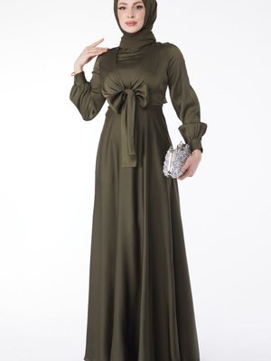 Hakı Düz Saten Ortadan Bağlamalı Abiye Elbise