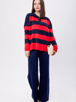 Lacıvert Kırmızı Çizgili Triko Takım