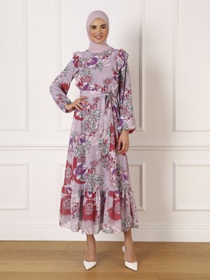 Desenli Astarlı Şfion Elbise Lila Çiçek Desen
