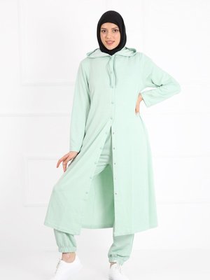 Iki Iplik Su Yeşili Renk Kapüşonlu Cepli Çıt Kapamalı Büyük Beden Takım