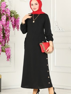 Siyah Düğme Detaylı Aerobin Elbise