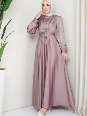 Vizon Ön Bağlamalı Saten Abiye Elbise