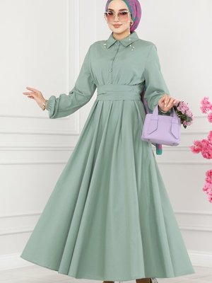 Mint Kuşaklı Terikoton Elbise