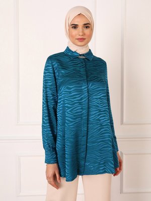 Petrol Jakarlı Saten Tunik