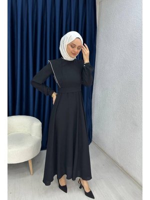 Siyah Omuzu Taş Detaylı Abiye Elbise