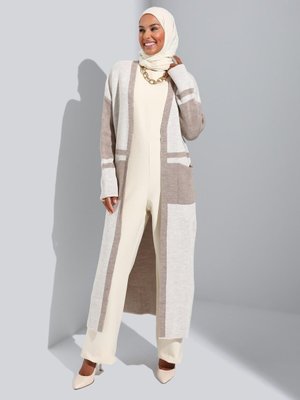 Çizgi Detaylı Tam Boy Triko Hırka Kemik Vizon