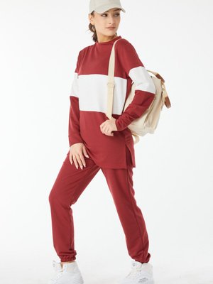 Bordo Bisiklet Yaka Uzun Kollu Garnili Eşoman Takımı