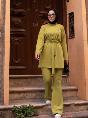 Geyik Broşlu İkili Takım Yağ Yeşili