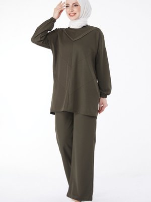 Düz Bisiklet Yaka Haki Tunik Pantolon