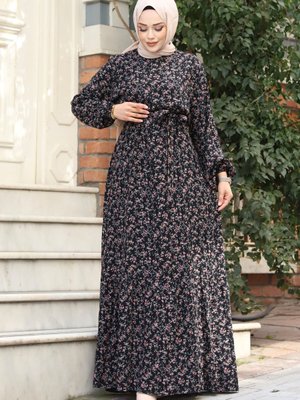 Eteği Volanlı Çiçek Desenli Viskon Elbise