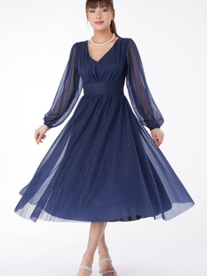 Düz Orta Lacivert V Yaka Büzgülü Elbise Düz Orta Lacivert V Yaka Büzgülü Elbise