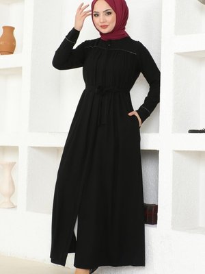 Siyah Taş Detaylı Kemerli Ferace