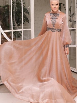 Bisküvi Sual Göğsü Drapeli Organze Abiye Elbise