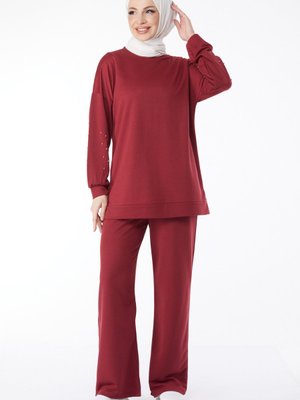 Bordo Koları Taslı Eşofman Takımı