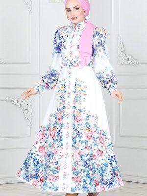 Ekru Çiçek Desenli Atlas Elbise Ekru Çiçek Desenli Atlas Elbise