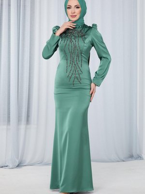 Hakı Önü Taş Desen Kolları Büzgülü Abiye Elbise Hakı Önü Taş Desen Kolları Büzgülü Abiye Elbise