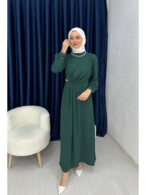 Yeşil Pileli Uzun Abiye Elbise