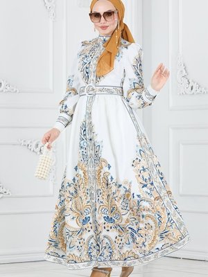 Ekru Desenli Atlas Elbise Ekru Desenli Atlas Elbise