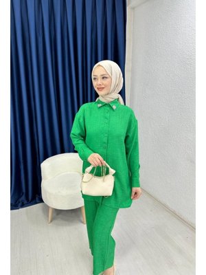 Yeşil Yakası Taş Detaylı Keten İkili Takım