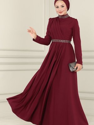 Bordo Drapeli Krep Elbise Bordo Drapeli Krep Elbise