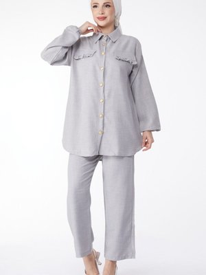 Grı Sahte Cep Detaylı İkili Takım