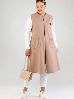 Kadin Buyuk Beden Battal Tesettur Uzun Kolsuz Fermuarli Yelek Vizon