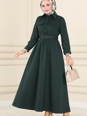 Zümrüt Yarım Düğmeli Kışlık Elbise