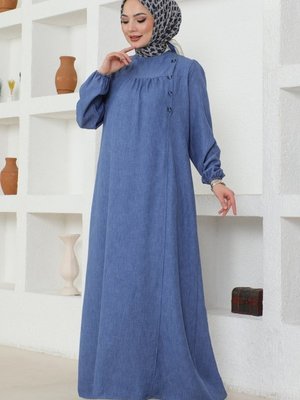 İndigo Düğme Detaylı Keten Elbise