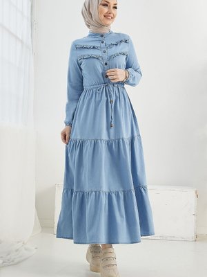 Felen Fırfır Detaylı Kot Elbise Açık Mavi
