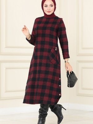 Koyu Bordo & Siyah Düğme Detaylı Ekose Tunik Koyu Bordo & Siyah Düğme Detaylı Ekose Tunik