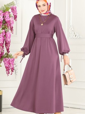 Koyu Lila Manşeti Bağcıklı Elbise