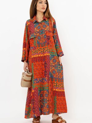 Prive Etnik Viskon Kırmızı Yaka Önden Düğmeli Uzun Yazlık Gömlek Elbise