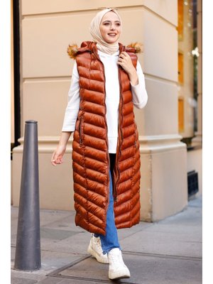 Taba Uzun Yakası Kürklü Dolgu Yelek