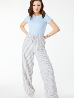 Saks Çizgili Bol Pantolon