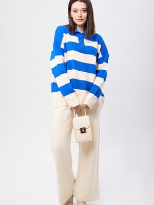 Saks Krem Çizgili Triko Takım