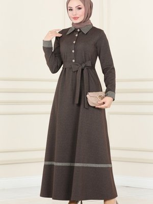 Kahve Biye Detaylı Kışlık Elbise