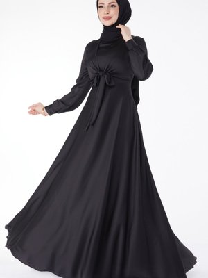 Sıyah Düz Saten Ortadan Bağlamalı Abiye Elbise