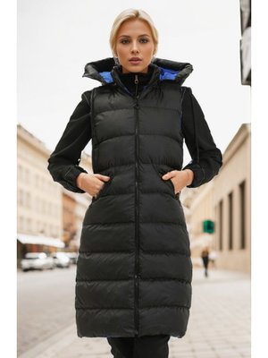 Fermuarlı Uzun Şişme Yelek Siyah Saks