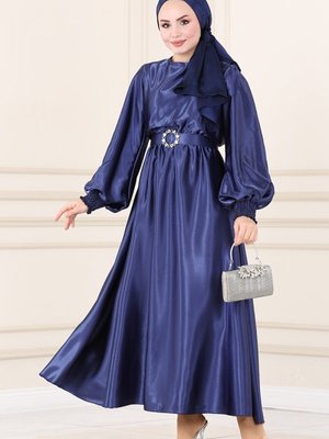 Lacivert Beli Lastikli Saten Elbise