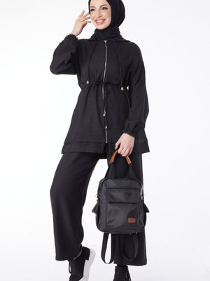 Sıyah Kapüşonlu Fermuarlı İkili Takım