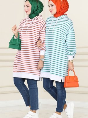 Benetton Yeşili Çizgili Oversize Sweatshirt Benetton Yeşili Çizgili Oversize Sweatshirt