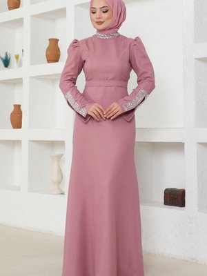 Gül Kurusu Damla Taş Detaylı Krep Elbise