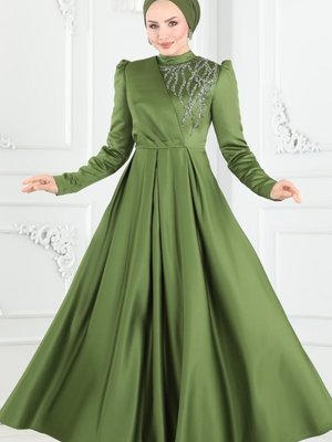 Haki Taş İşlemeli Saten Abiye Elbise Haki Taş İşlemeli Saten Abiye Elbise