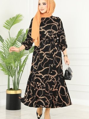 Siyah Zincir Desenli Helen Elbise