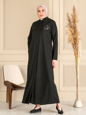 Haki Buyuk Beden Kislik Tesettur Pardesu Tam Boy