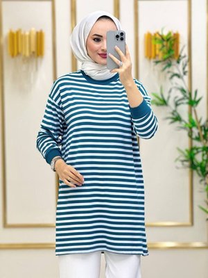 Ince Terletmeyen Kumaş Mevsimlik Çizgili Tunik