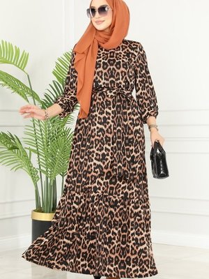 Leopar Eteği Fırfırlı Helen Elbise